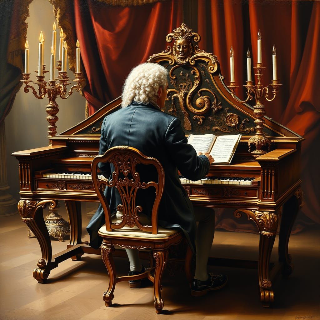 17th century tempered klavier with image of composer J S Bach seated playing, viewed from behind.