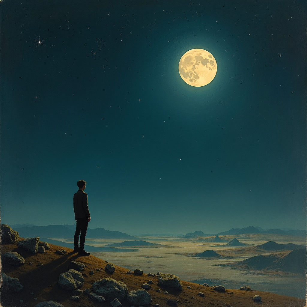 Lone Figure Gazing at Moon in Desolate Landscape