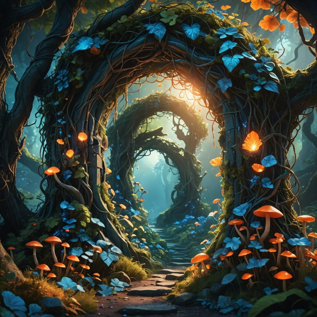 Magical Crystalline Portal in Mystical Forest: Digital Matte...