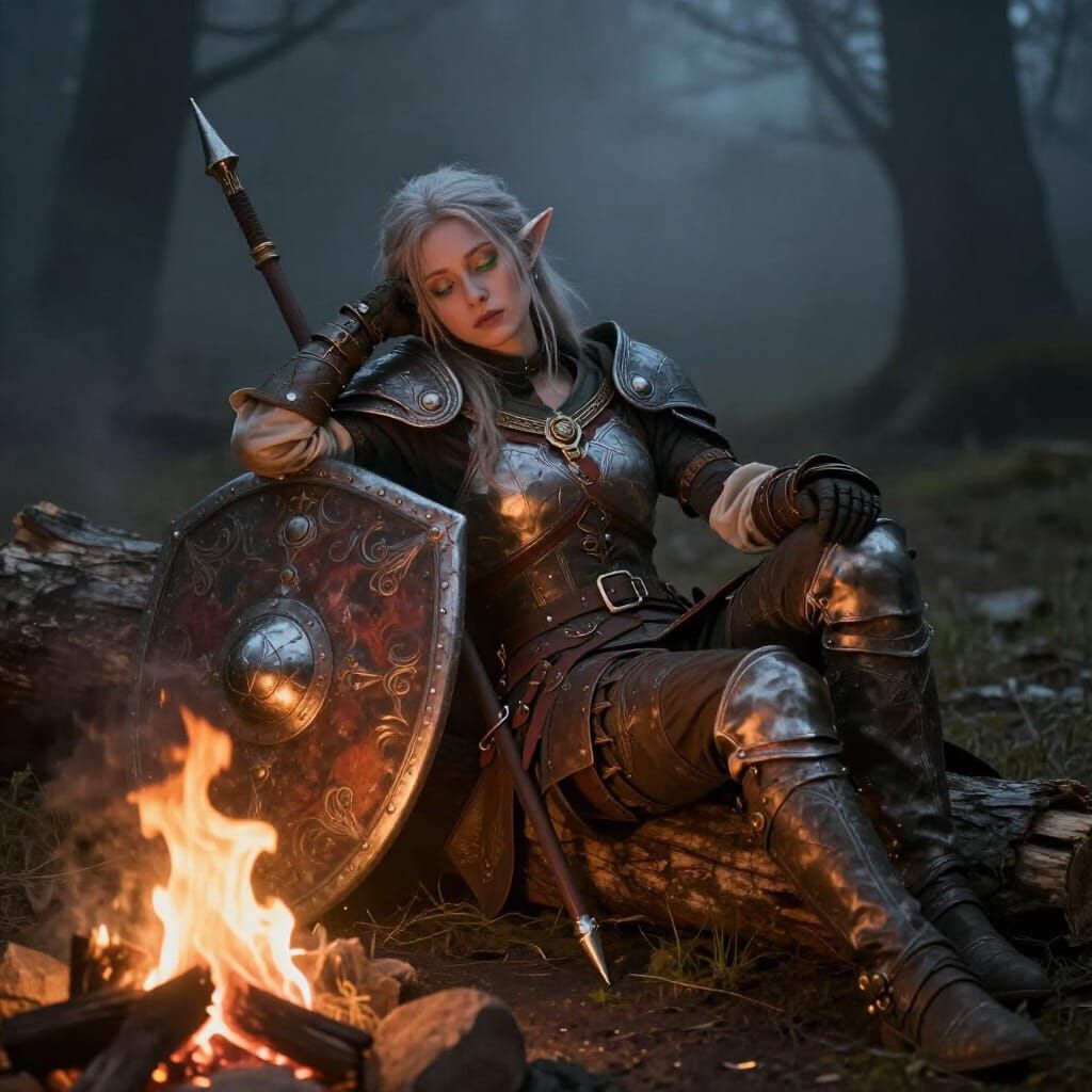 An elven warrior finds a moment of peace amidst the embers of battle  by @Mel
