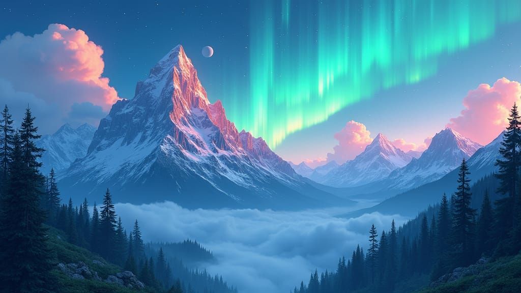 splendid view of mountains and the northern lights in Ghibli...