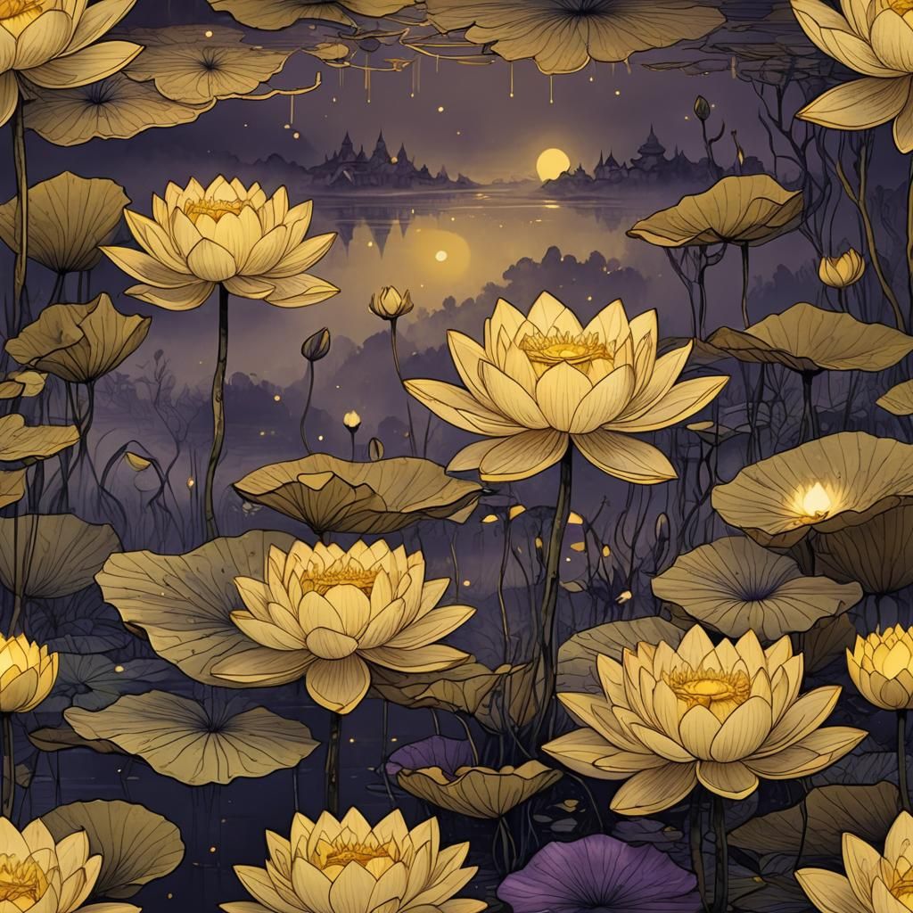 Single glowing gold yellow lotus under pale yellow moonlight...