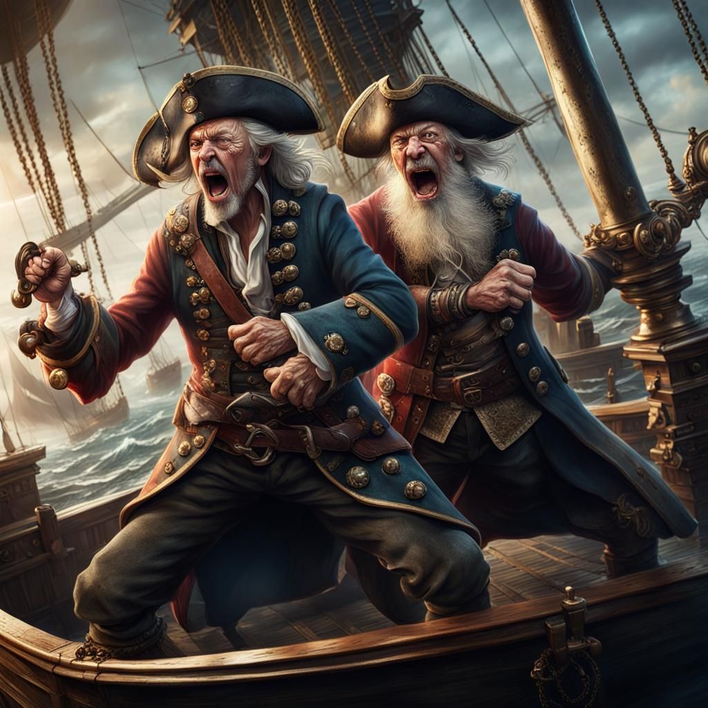 2 different old men fighting each other: a pirate and an Eng...