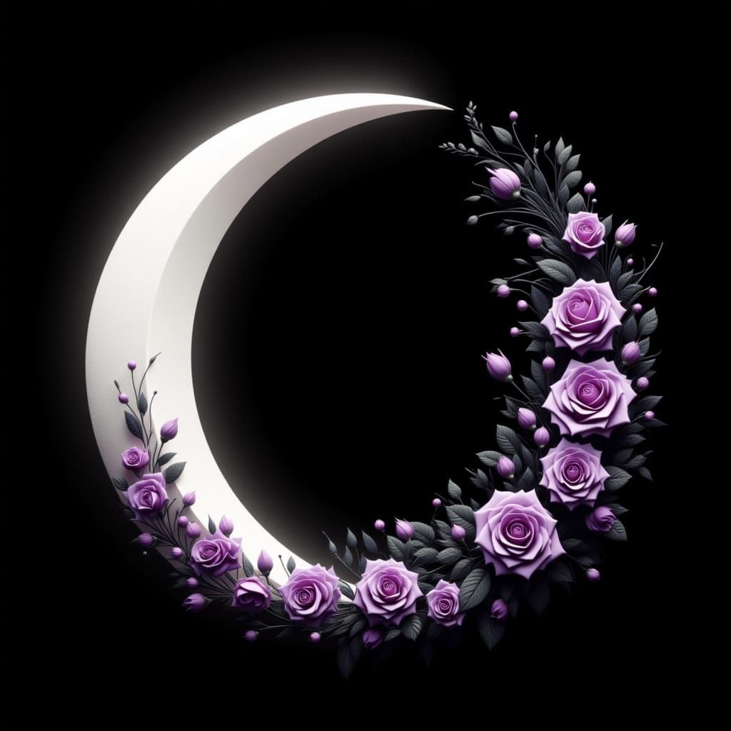 <lora:Mrs H-Crescent Moons:1.0> Create a beautiful white crescent Moon with black and purple roses in Ying Yang style, black background,