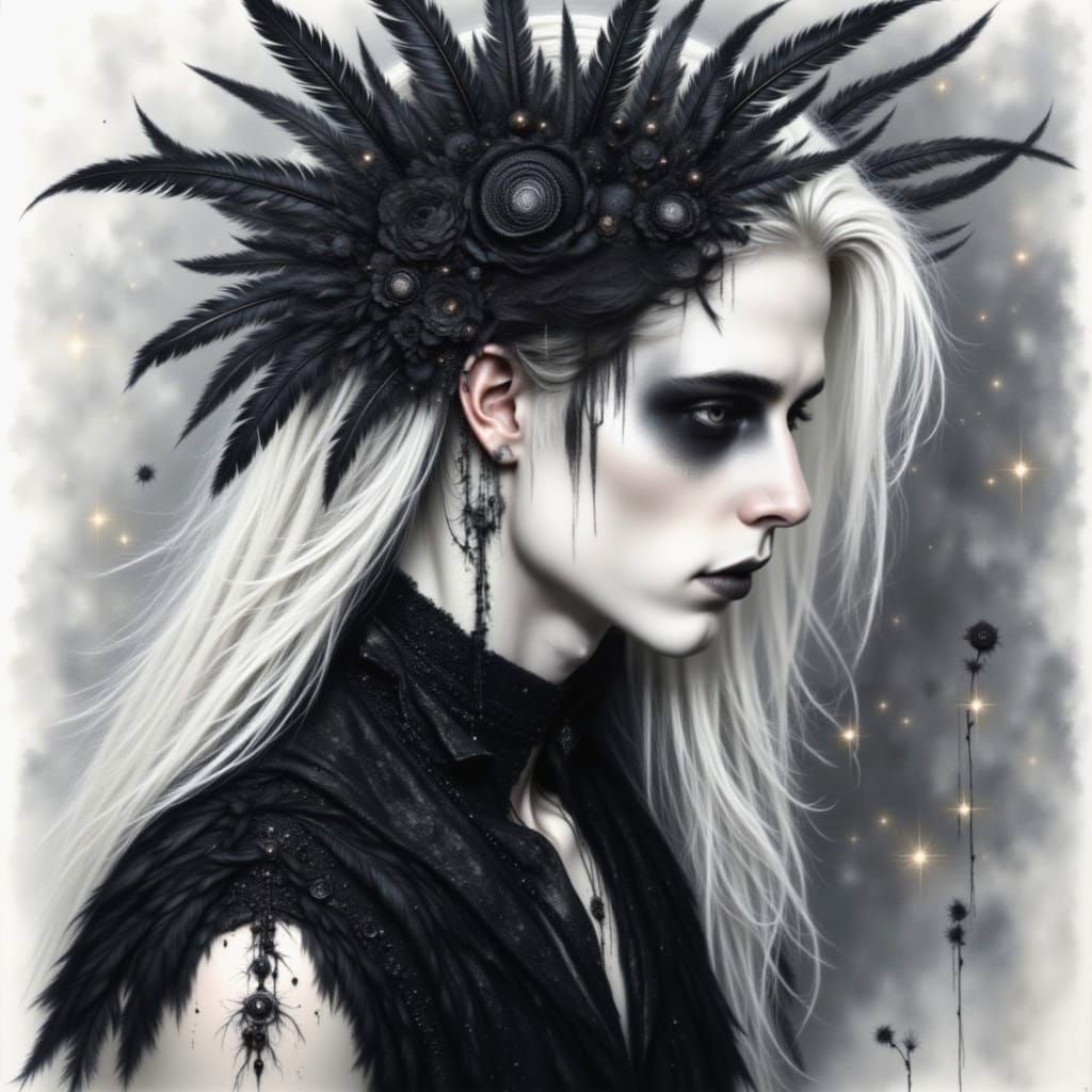 <lora:Bleak Intensity:1.0> Pencil drawing, abstract art, pale skin man, man with matte natural skin, profile with white hair, silver backgro...