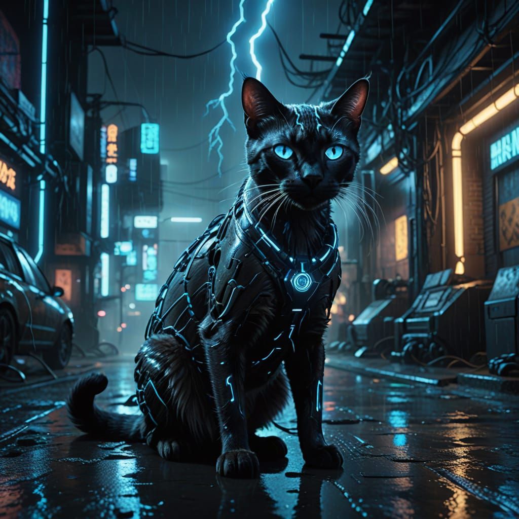 " The Neon Harbringer" a majestic Siamese cat fused with a sleek, biomechanical exoskeleton.