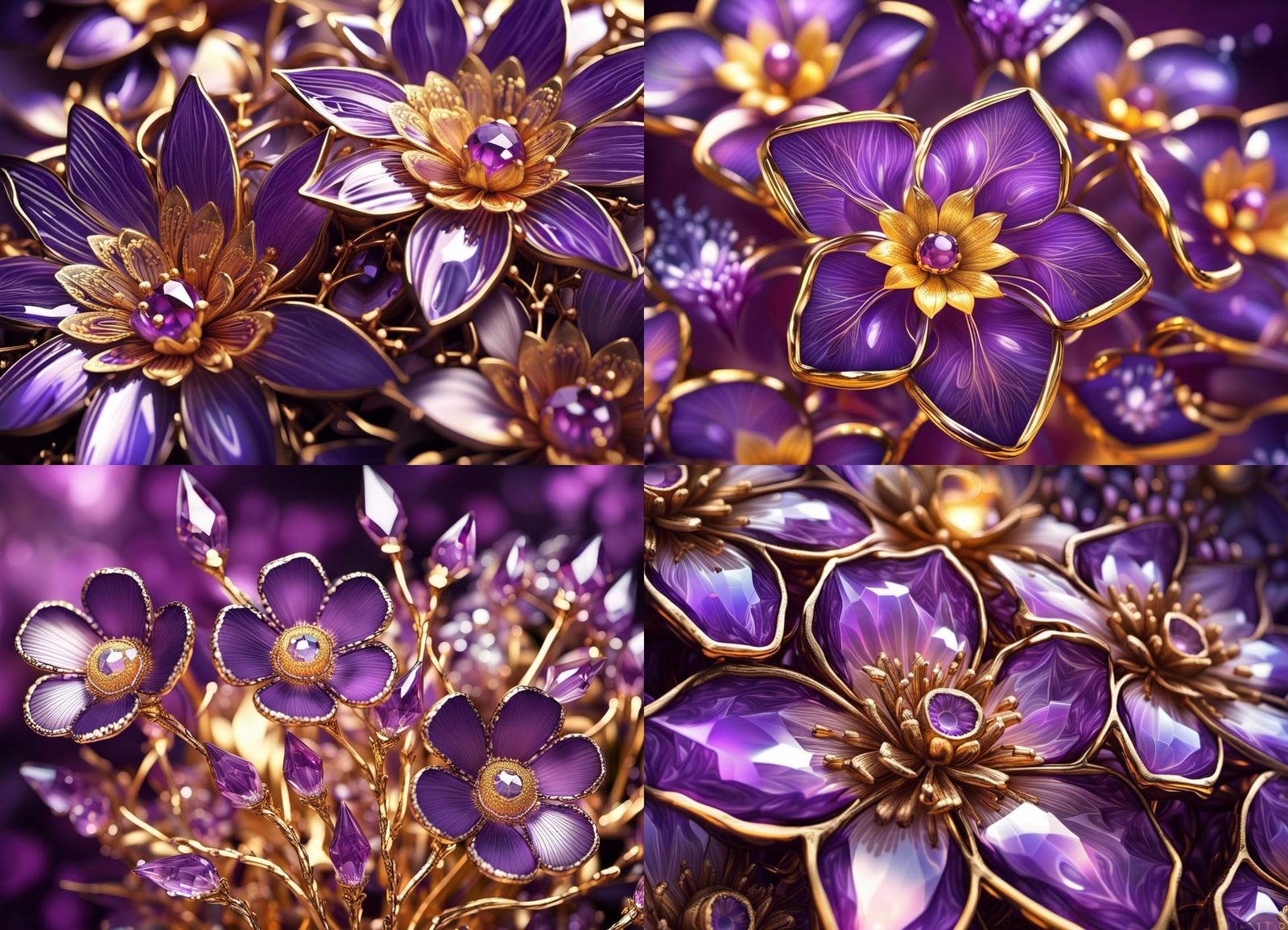 "delicate, beautiful, purple, goldrimmed crystal flowers by Blake