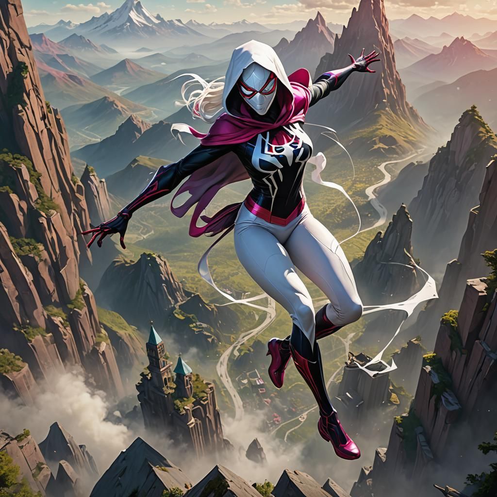 Spider Gwen, hood up, mask on, as a colossal giant woman, to...