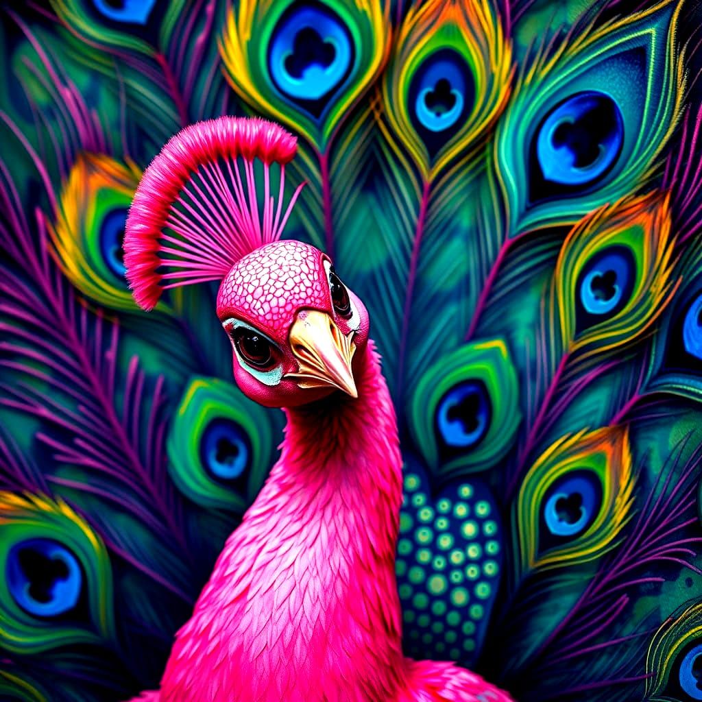Vibrant Pink Peacock in Whimsical Stippling Style