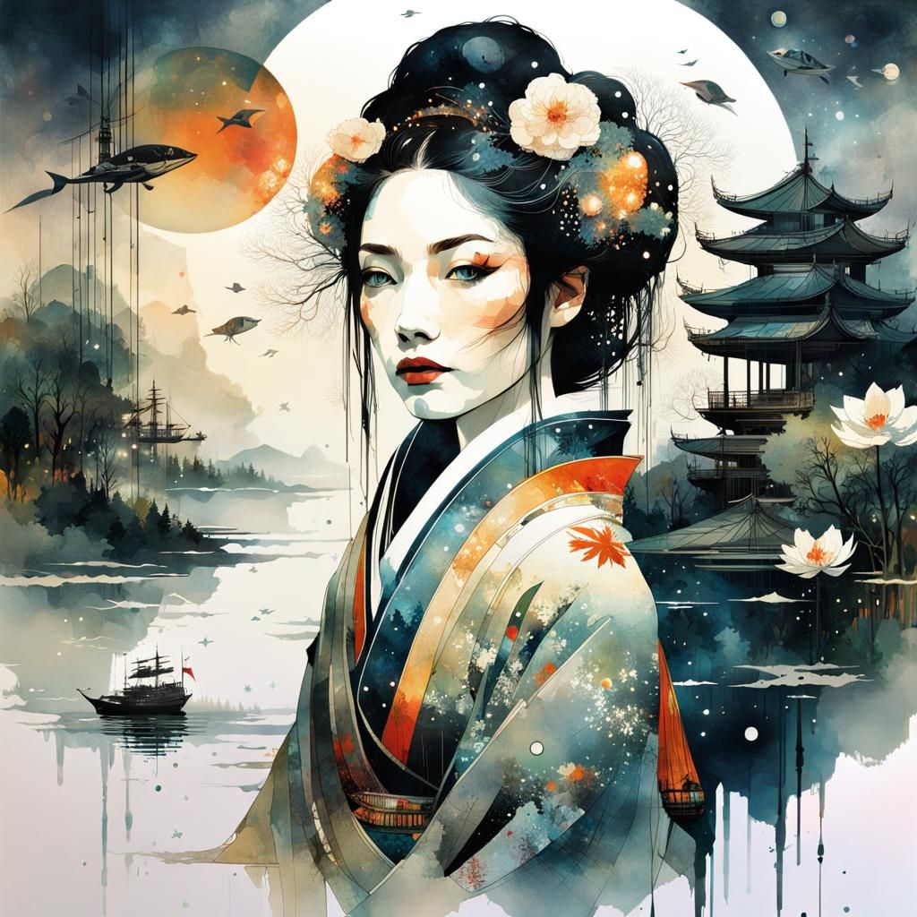 Double Exposure Galaxy Dripping into World with Tiger