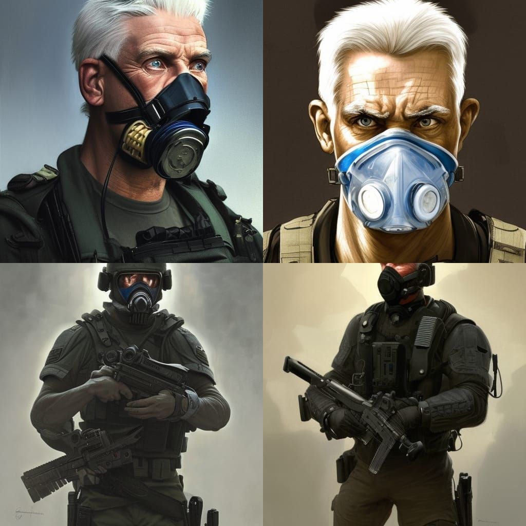 older Male SWAT soldier with white hair and blue eyes scarre...