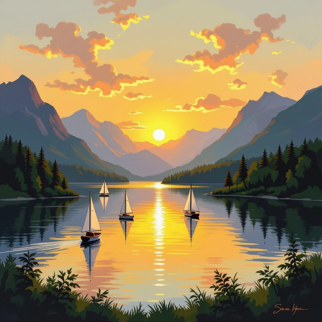 Sunset Mountain Lake in Bierstadt Style