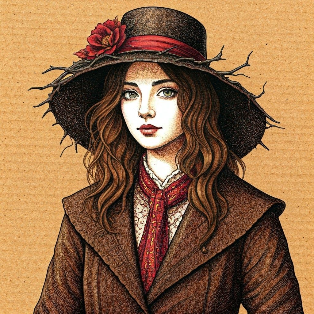 a drawing of girl in twigs artworks, in the style of naoto hattori, nicoletta ceccoli, margaret keane, detailed attention to costume and fas...