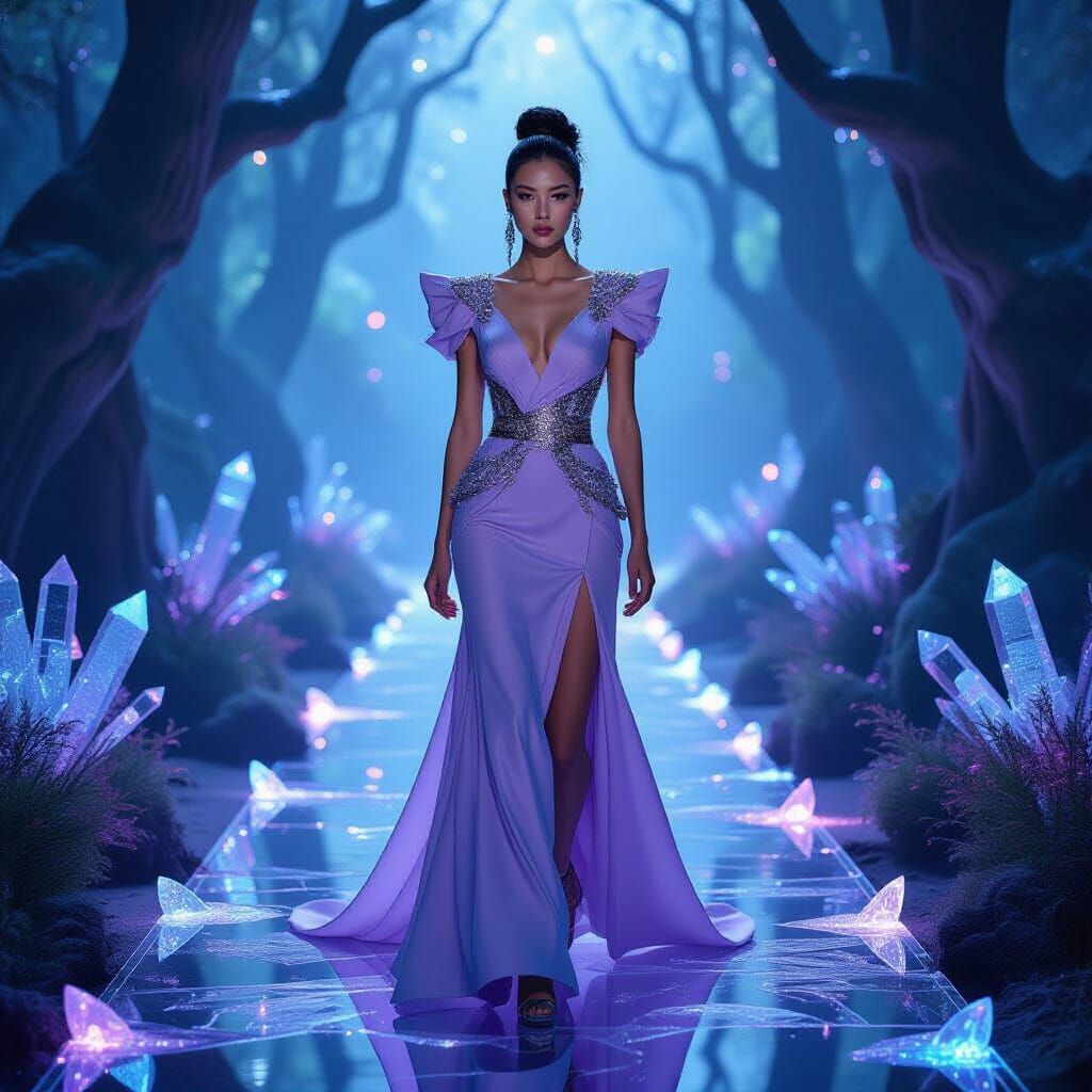 An elegant fashion Chinese model walks down a runway made of glowing crystal shards in an enchanted forest. Bioluminescent flora illuminates...