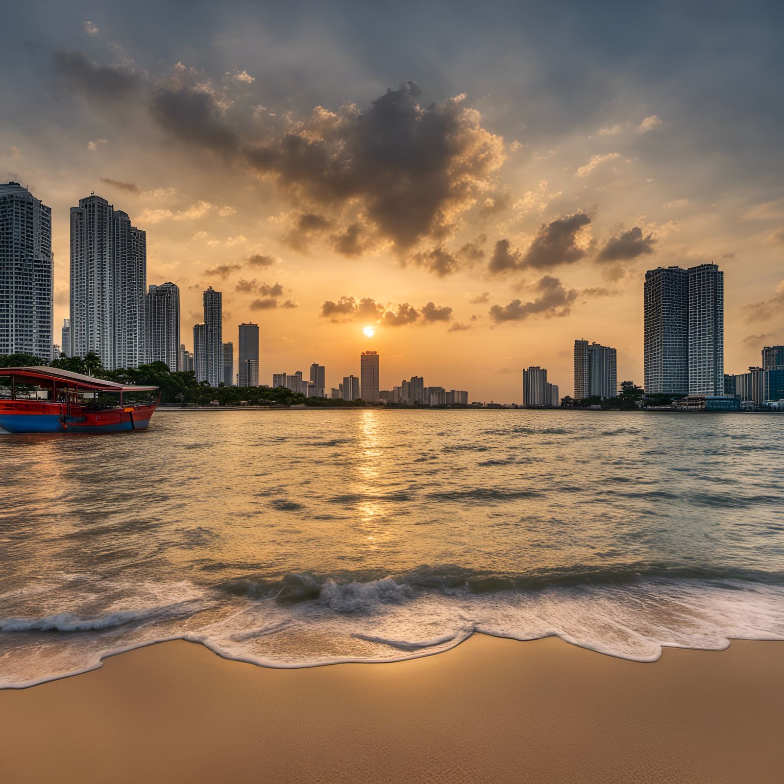 draw me a banner size image of pattya city thailand at sunse...
