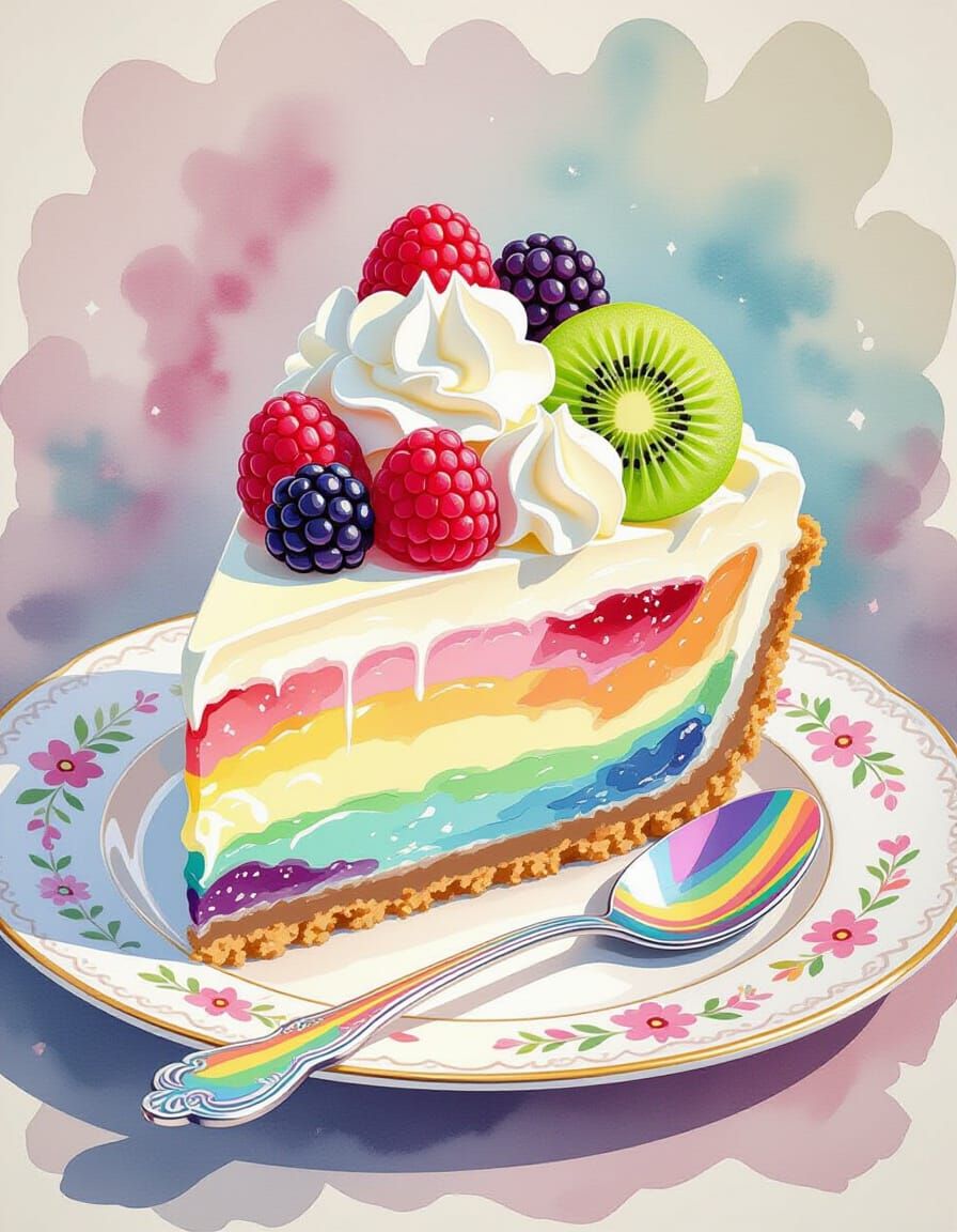 Rainbow Cheesecake Slice in Watercolor Style