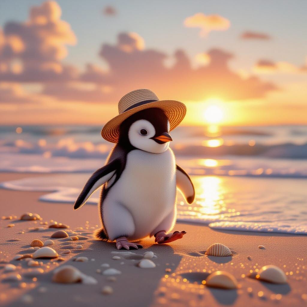 Adorable Penguin on Golden Sunset Beach in 8K