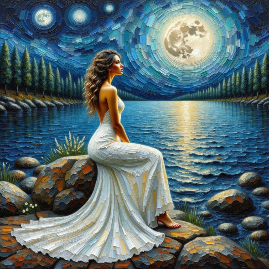 <lora:Craquelure Paint:1.0> A beautiful night landscape, full moon, a river with the moonlight shining, a stunning woman sitting on a rock l...