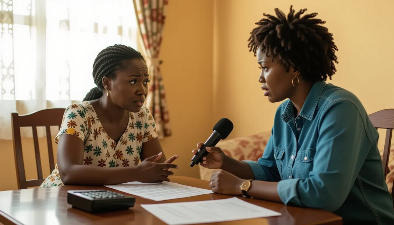 Inside a small Nigerian living room, a middle-aged African journalist (41, chocolate skin, short curly afro) interviews a frightened African...