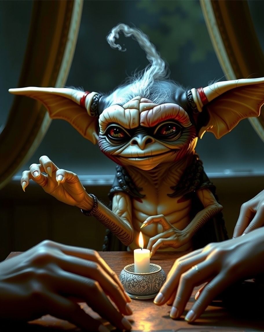 Gremlin holding a seance