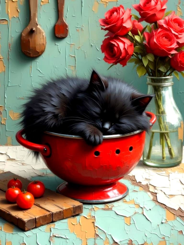 Fluffy Kitten Sleeps in Vintage Colander, Shabby Chic Kitche...