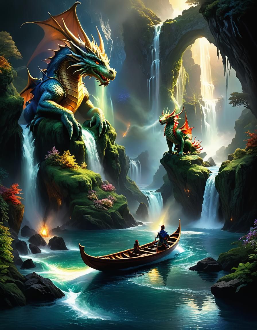 one elf seated in a boat with a dragon beside the waterfall, - AI ...