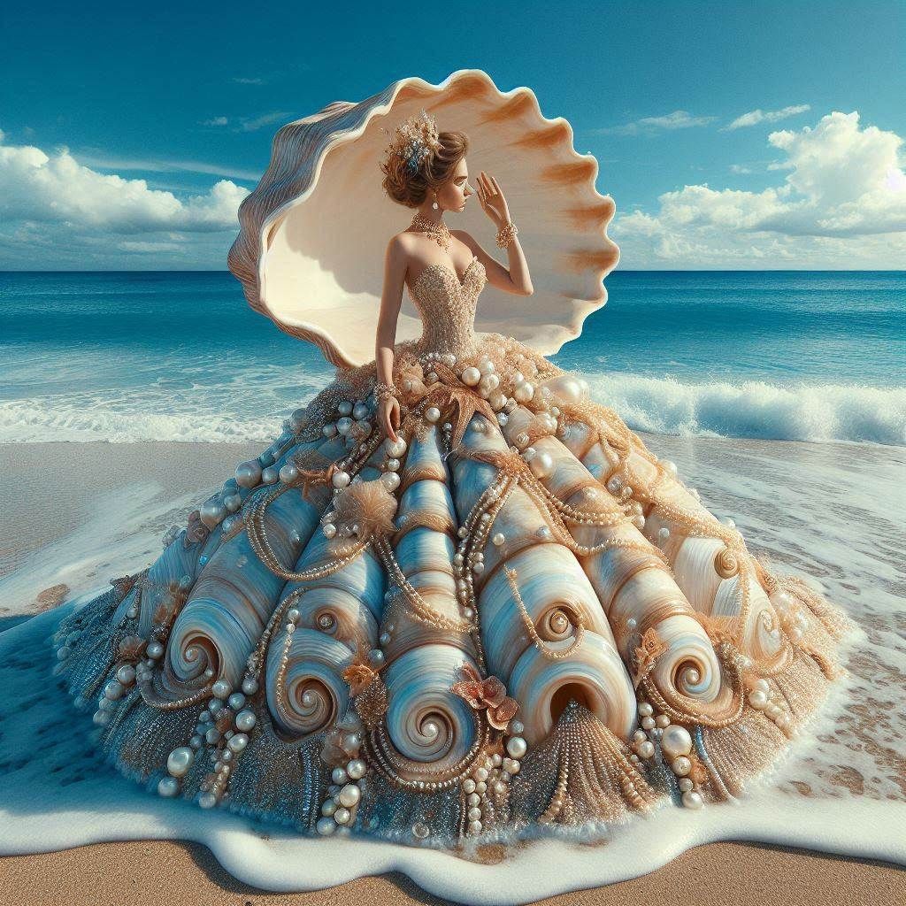 woman in a dress shaped like a large shell