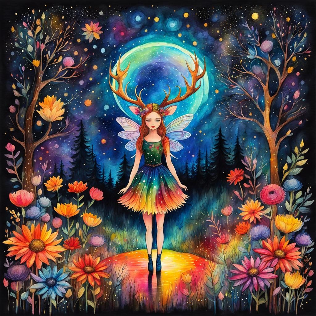 Doodle drawn world, naive child-like drawing , Crayon drawn style, cosmic 
fairy  goddess with antlers Dark emotions, It is rainy stars Wate...
