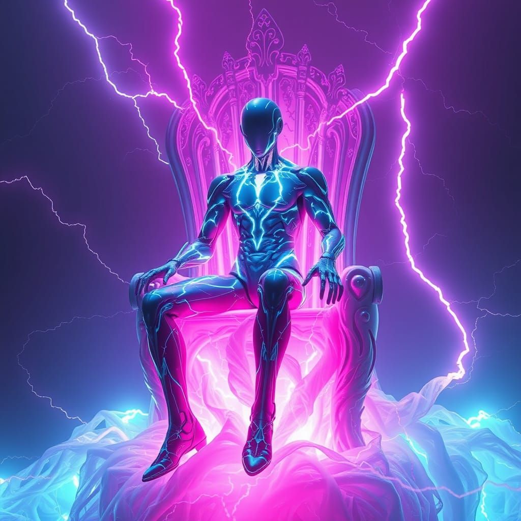 A fluorescent cyborg materializes entirely from crackling lightning, his form a dynamic, ever-shifting ...  by @HarrietM