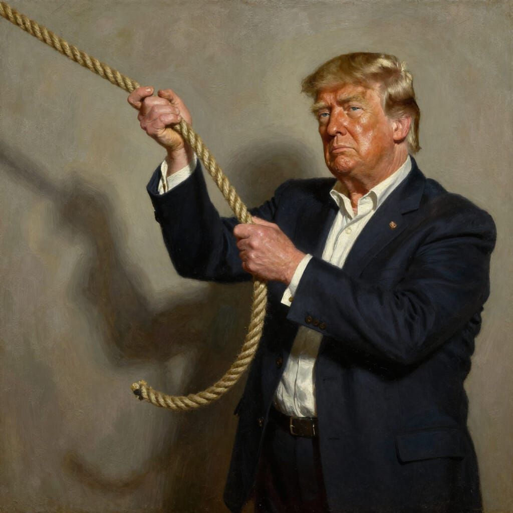 Trump is holding a rope with a noose.