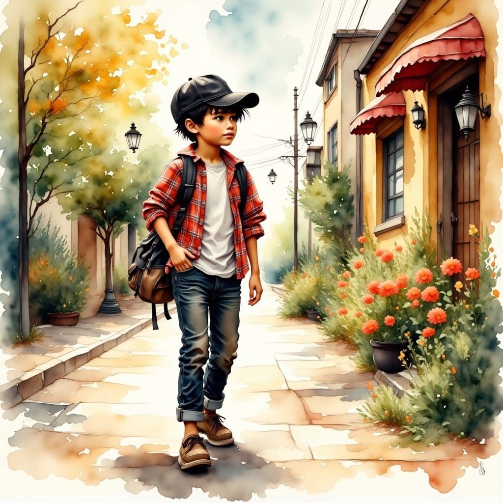 Boy Walks Down Sunny Street in Watercolor Style