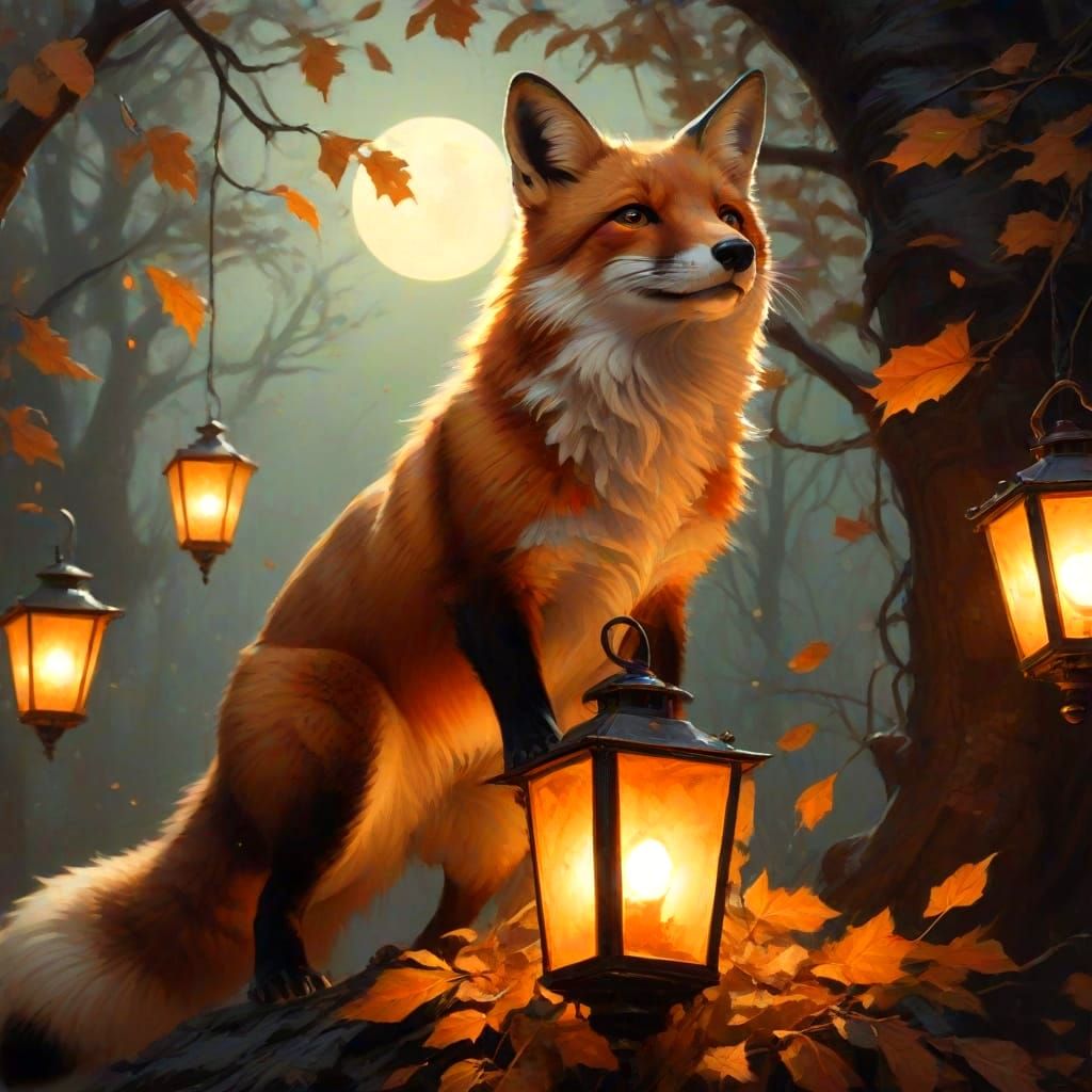Fox Gazing at Lanterns on Autumn Night, Frazetta Style