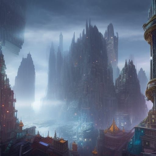 City with crystals growing out of the buildings