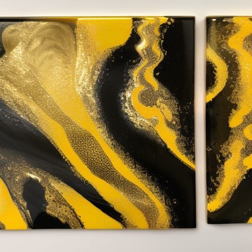 a black and gold acrylic pour with gold and black vertical s...