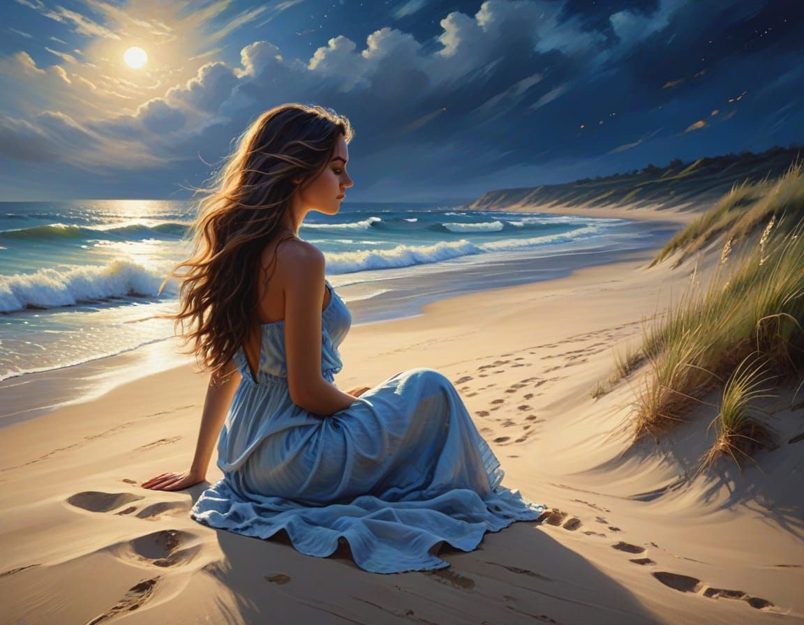 a long wide shot, A beautiful young woman with long dark wavy hair sitting on the sand dune in the light ...  by @undefined