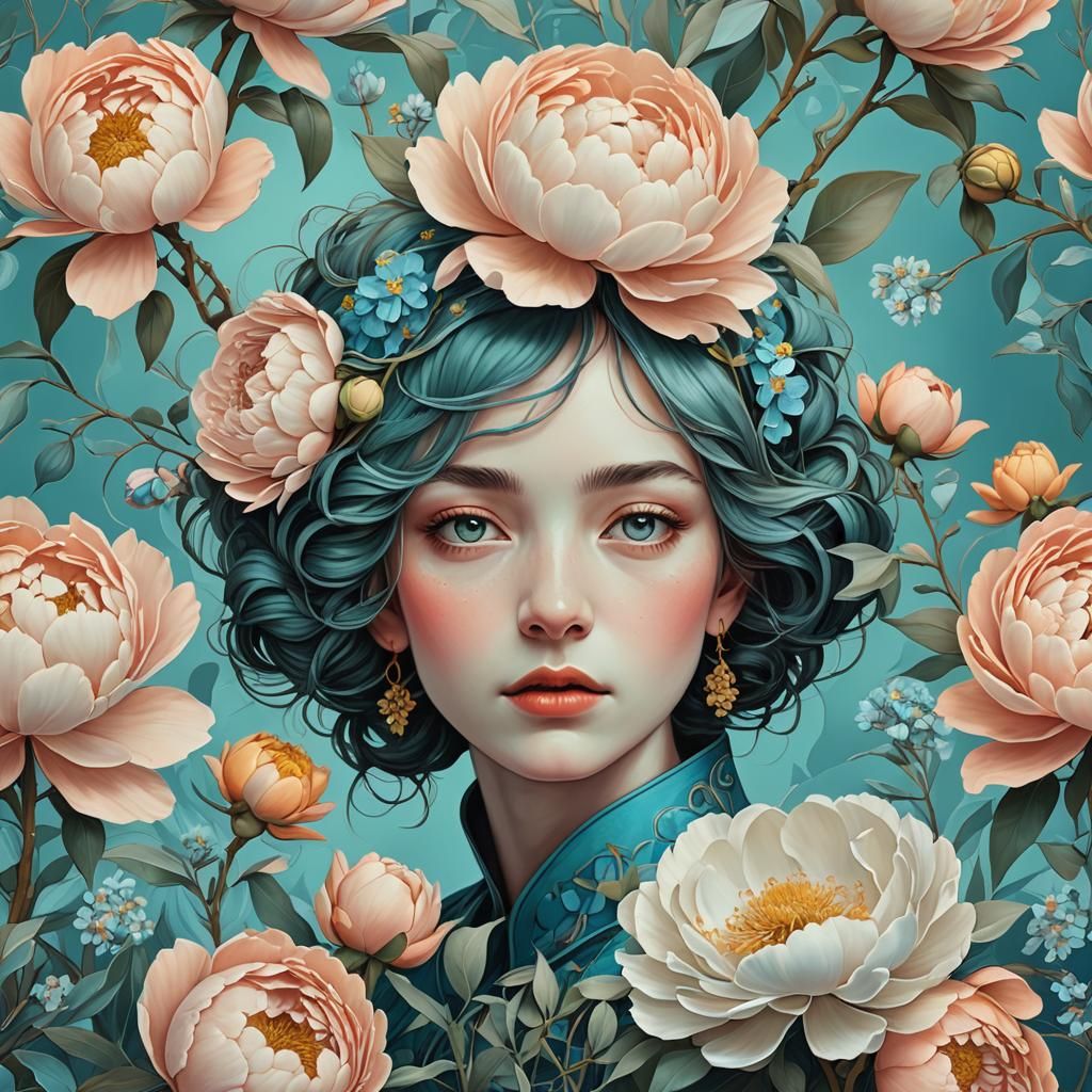 Art Nouveau Portrait with Peonies and Pastel Colors