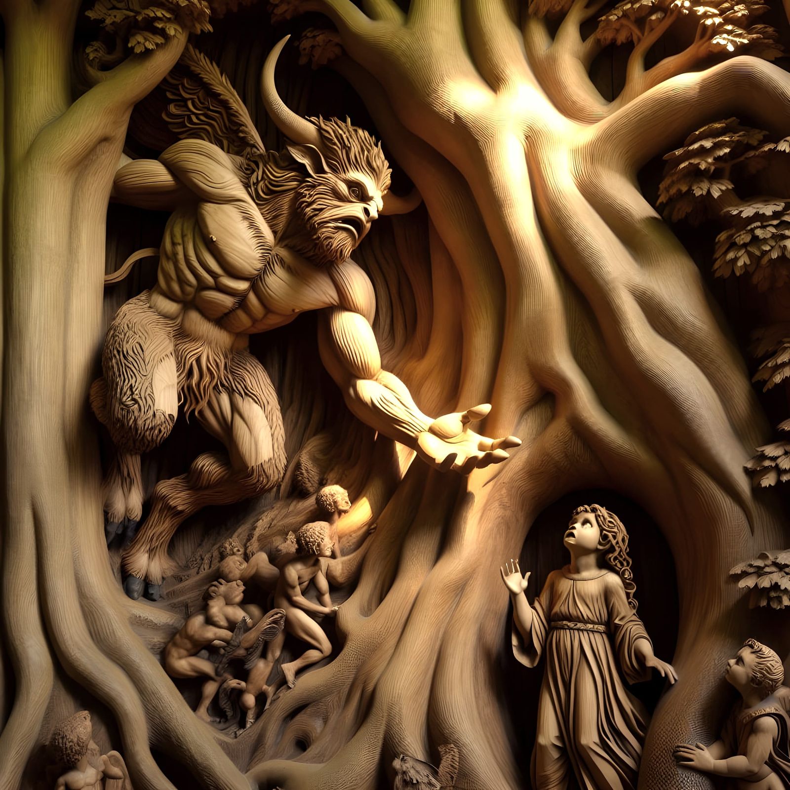 A Wood carving of a fey emerging out of a real tree to help a child.  by @Pogo