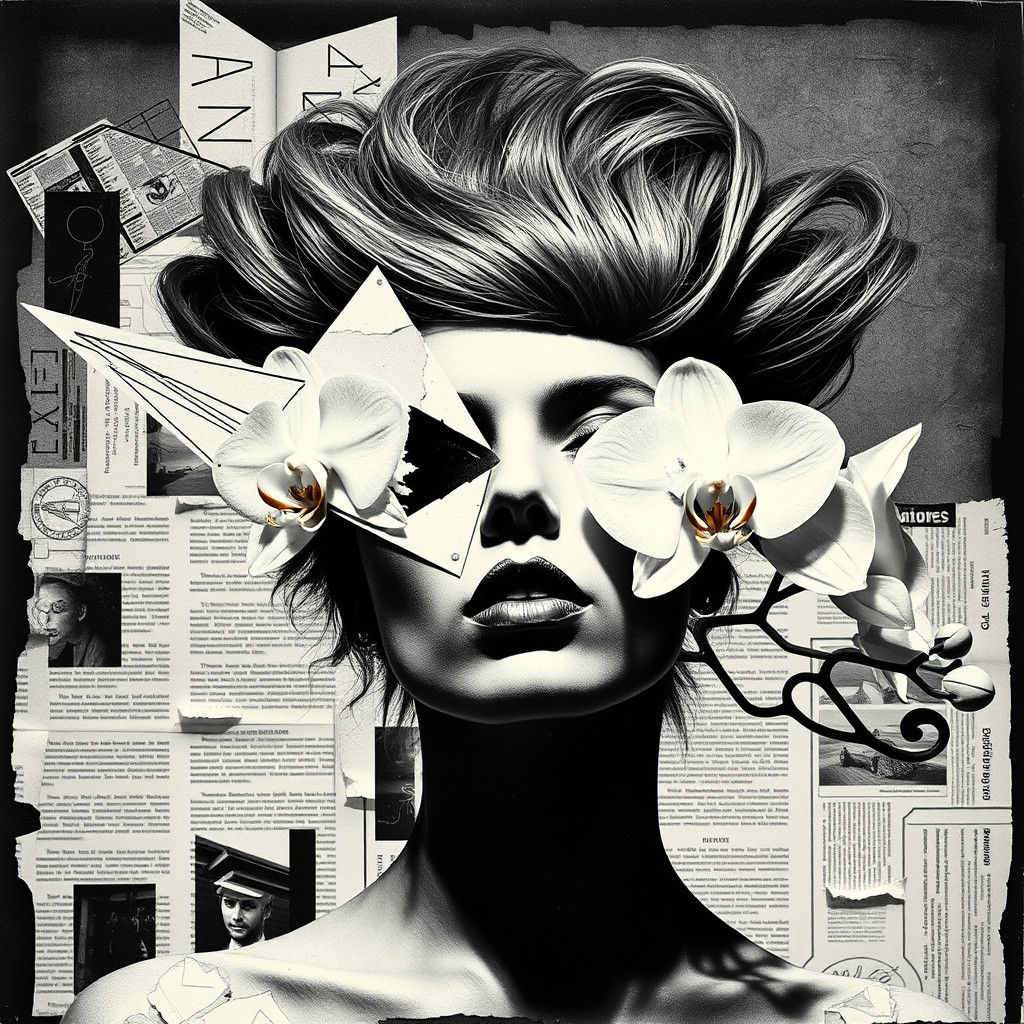 Create a black and white photogram-style  with geometric win...