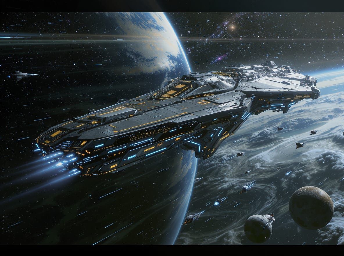 A majestic, intricately detailed starship, reminiscent of a colossal, advanced vessel from a science fiction epic, is captured in a tightly ...