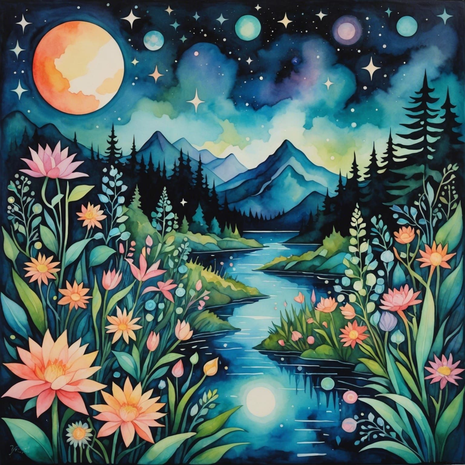 Surreal cubist dreamscape, iridescent, bioluminescent, float...