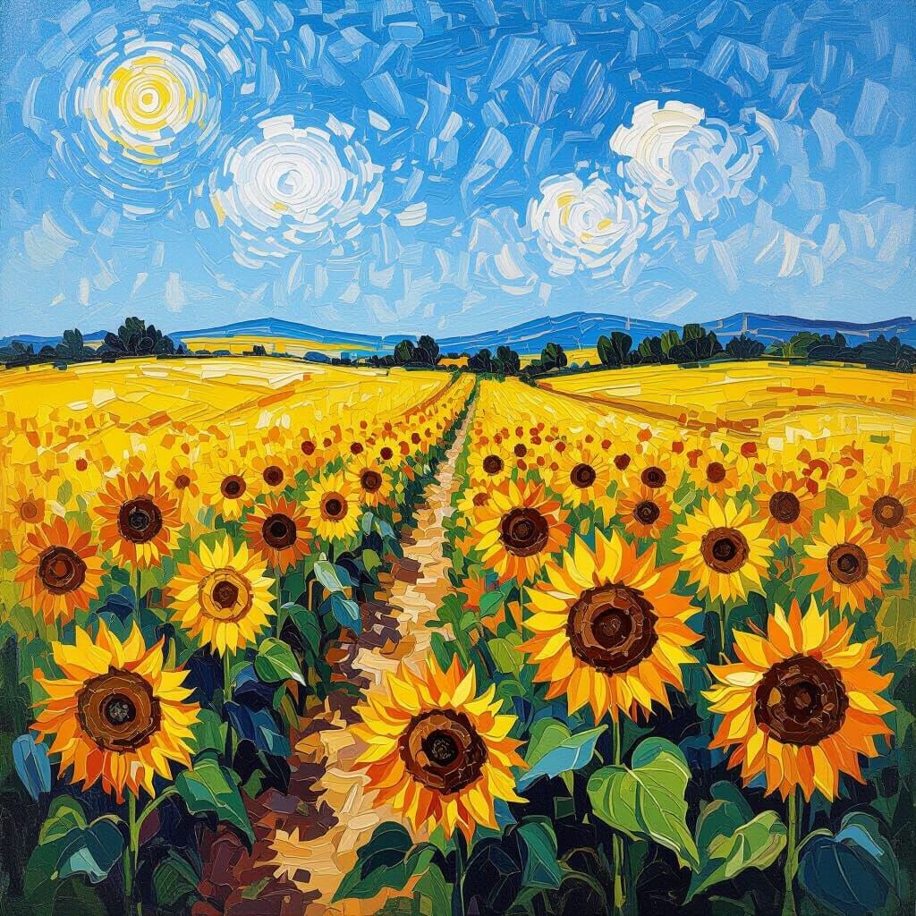 Sunflower Field Under Blue Sky in Van Gogh Style