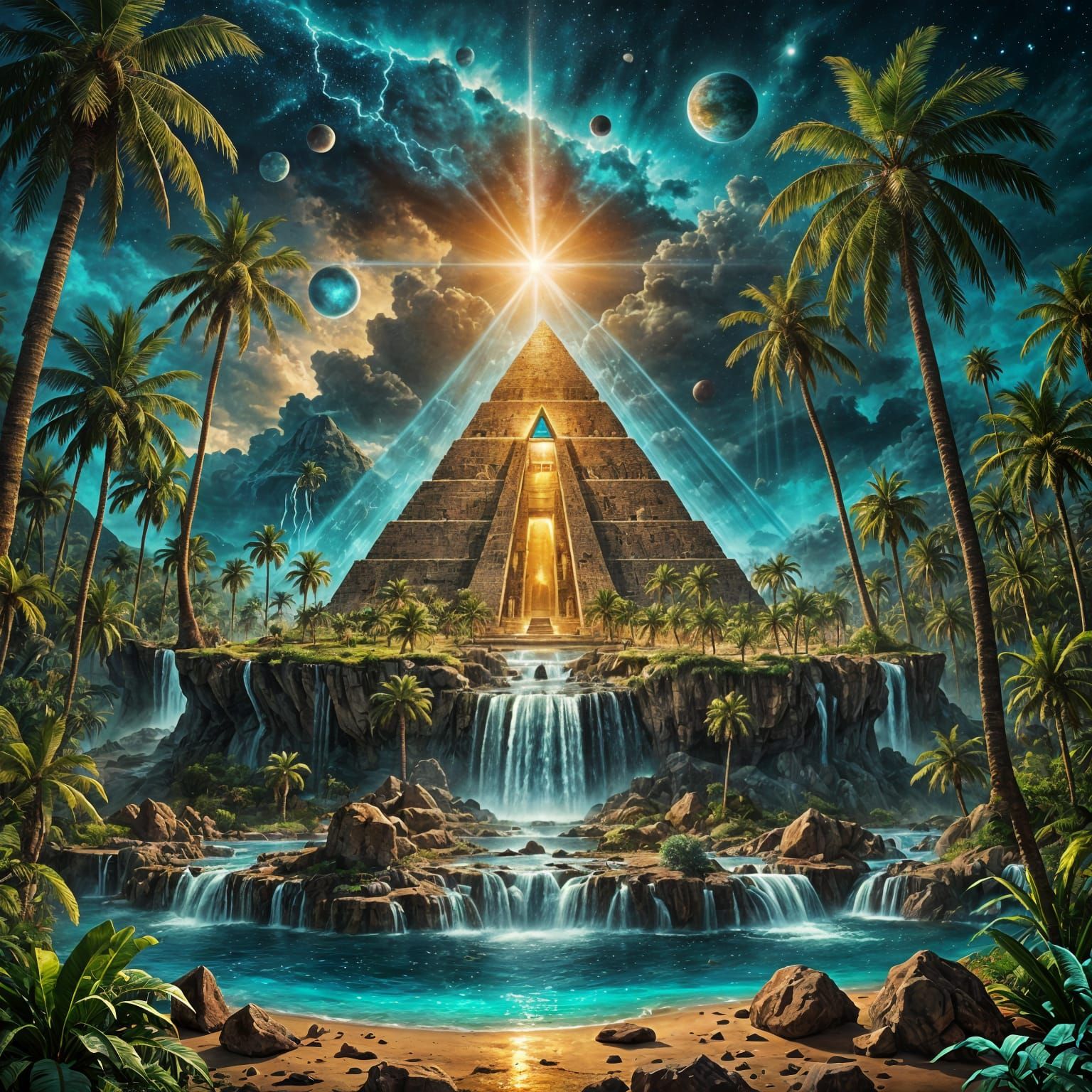 A surreal fantasy scene featuring a pyramid that opens to reveal an inner world of palm trees, planets, ...  by @KomBib