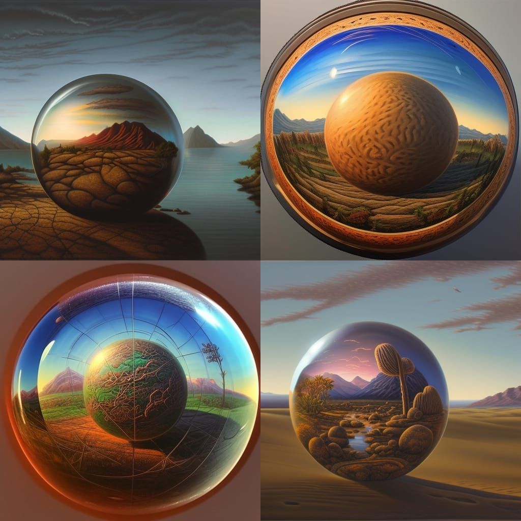 Four clear spheres one sphere with desert landscape one sphere with