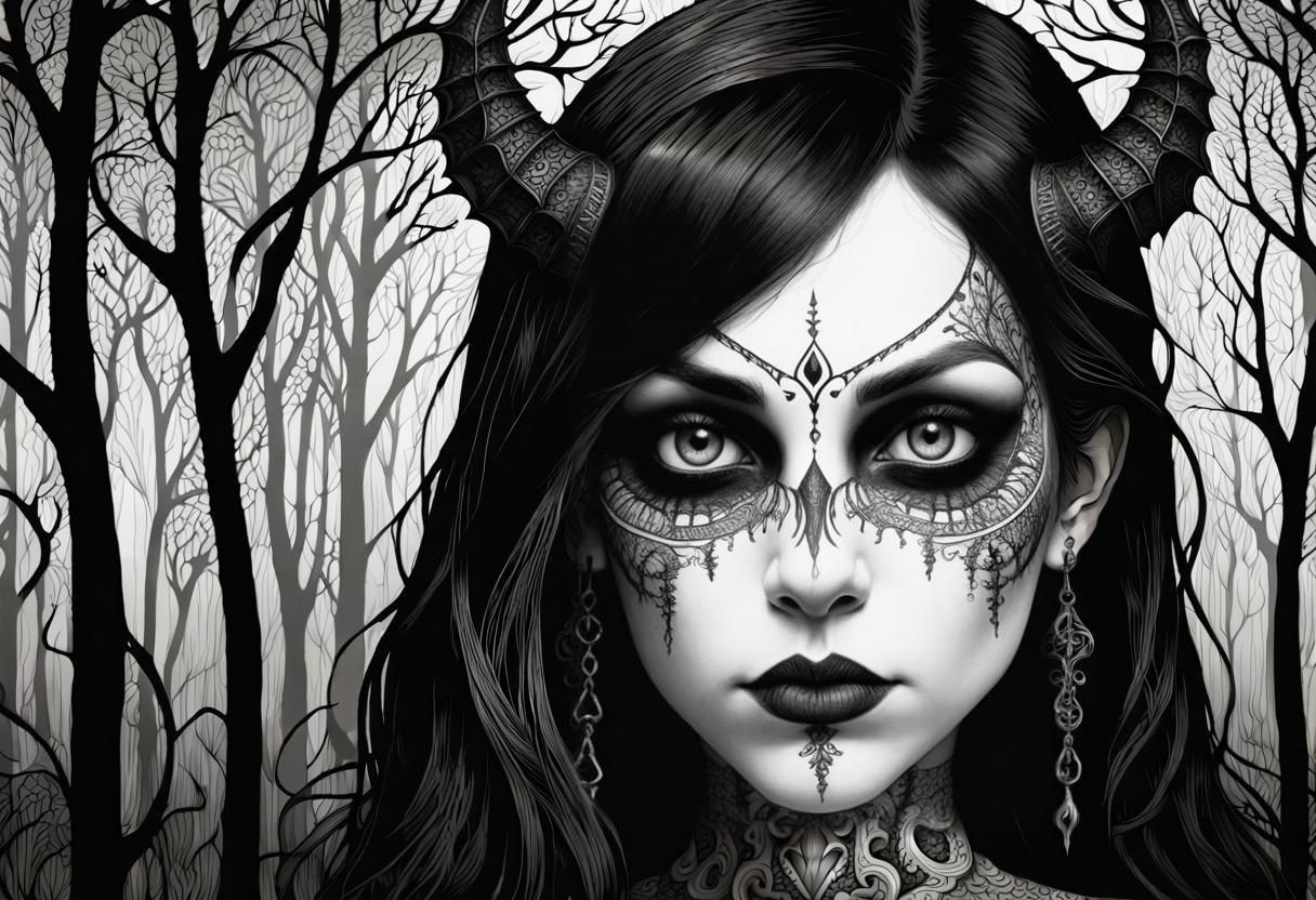 Intricate Gothic Demon Zentangle in Forest