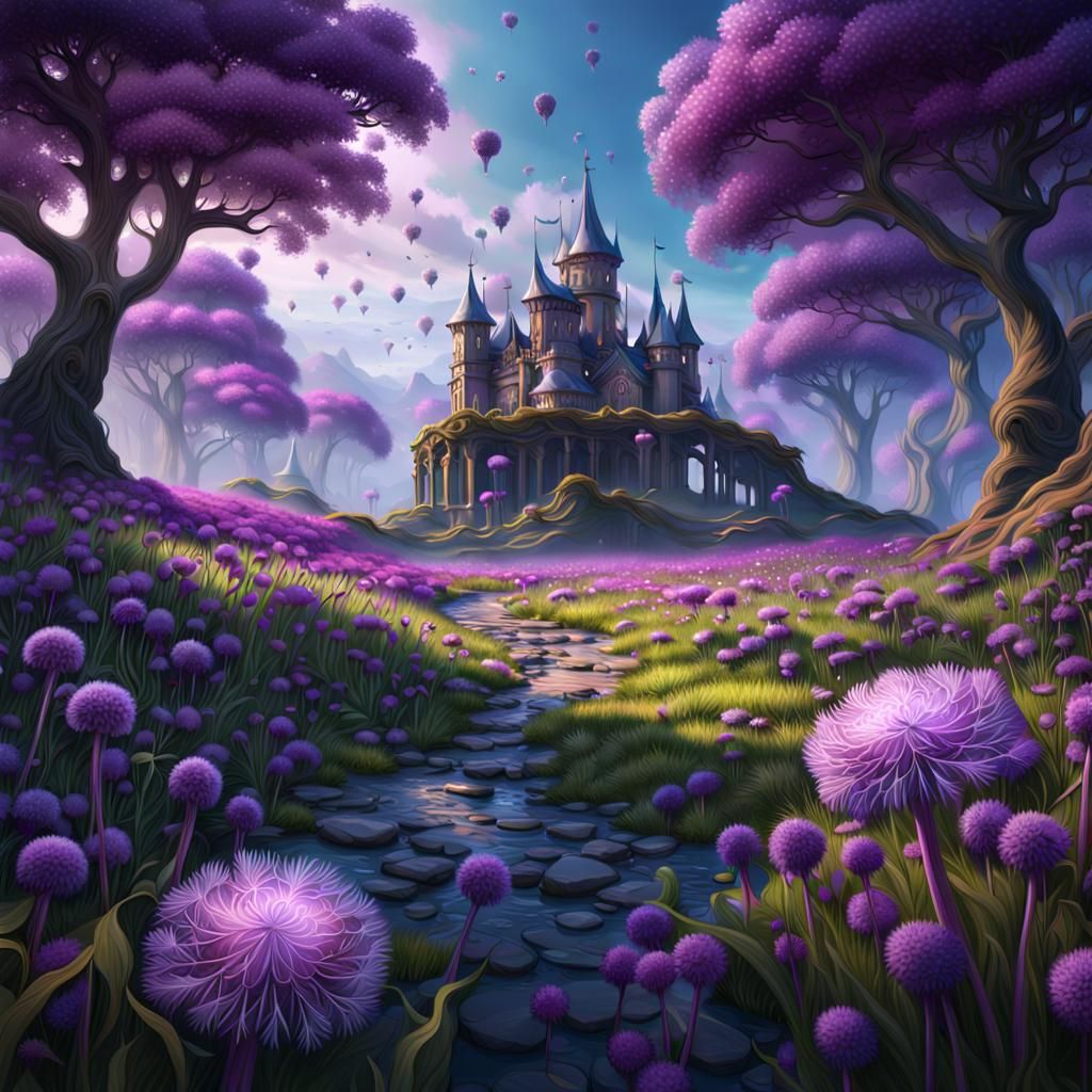 PURPLE DANDELIONS AND  IN A SPRING SETTING detailed detailed...