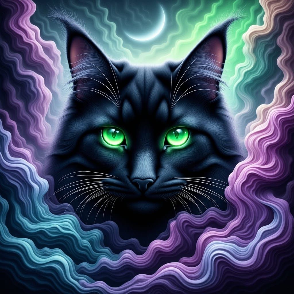 <lora:Langhaarige Katzen:1.0> Monstober, Duell of the Magician, Black long haired Cat featuring a colorful mystical smoky background 