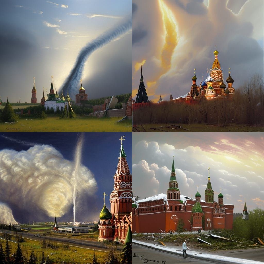 Several tornadoes hits and destroys the Kremlin in Russia AI