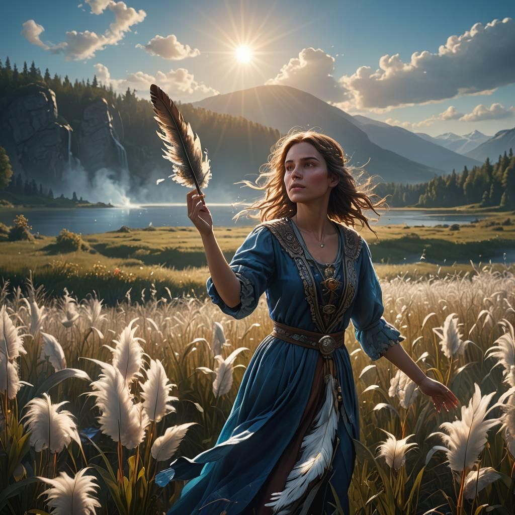 Woman with Feathers in Sunlit Field