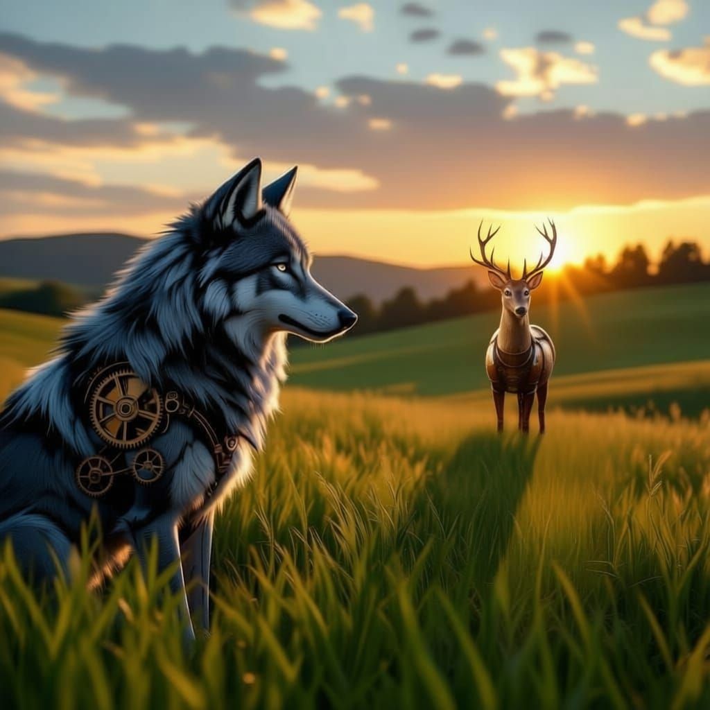 A mysterious clockwork gray wolf stops in a field and watches a clockwork deer graze in the tall grass, the sun is just cresting the treetop...