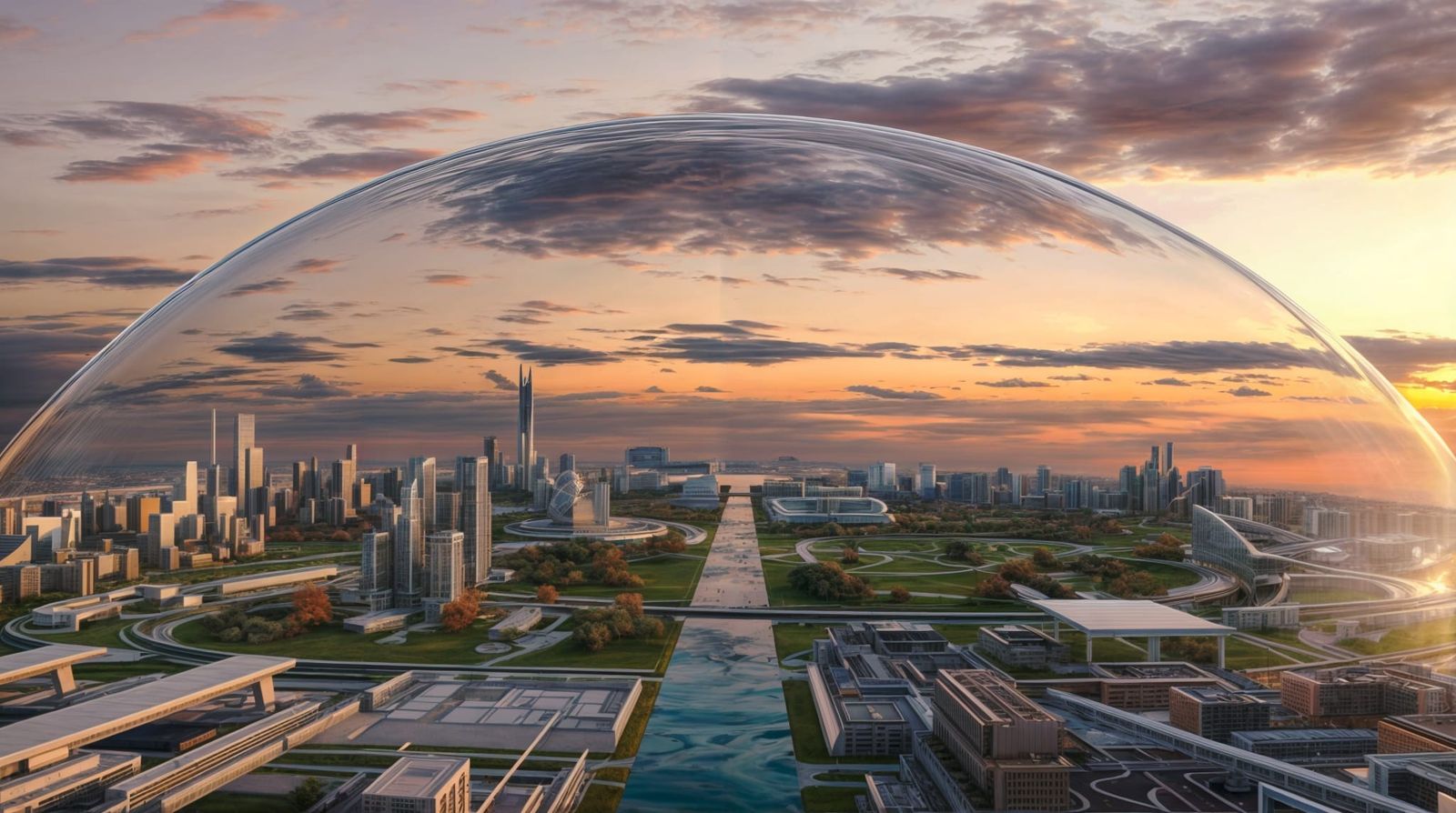 The image depicts a futuristic city built into a desert land...